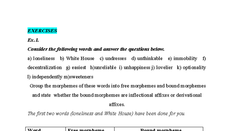 NPNC 101: Morphology Exercises and Analysis - Assignment 1 - Studocu