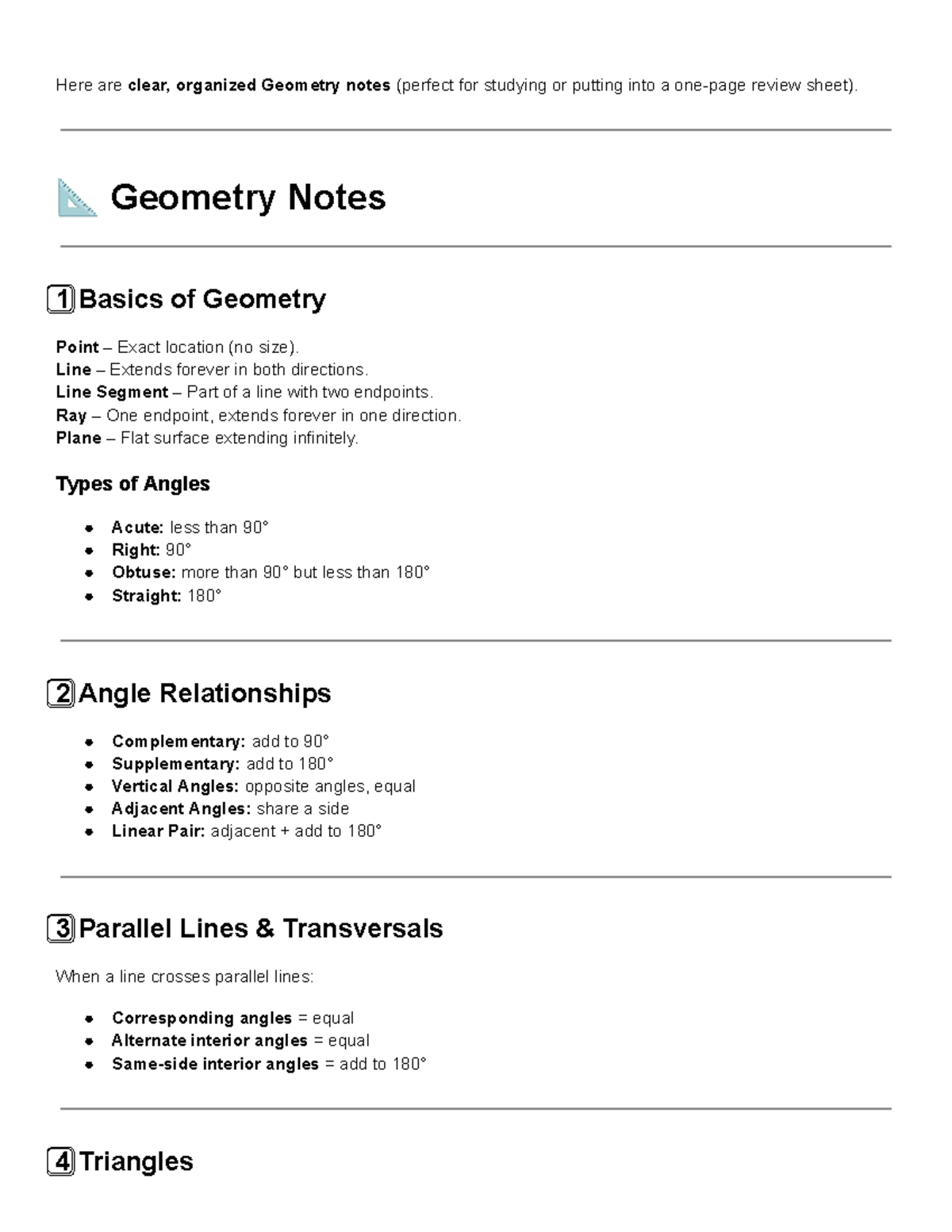 Geometry Notes: Key Concepts and Theorems for Study - Studocu