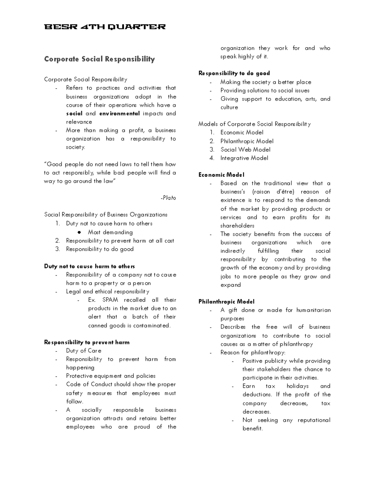 BESR 4TH QUARTER - CSR and Business Ethics Overview - Studocu