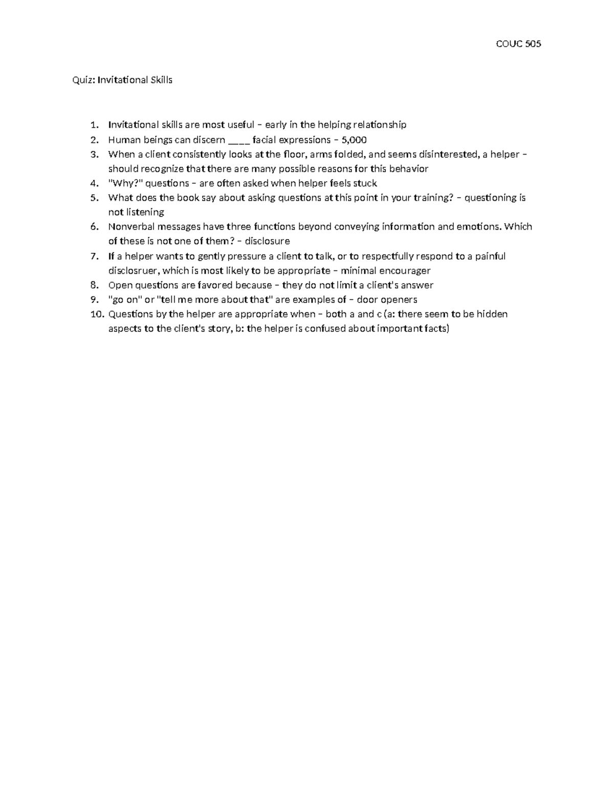 COUC 505 Quiz: Understanding Invitational Skills in Counseling - Studocu