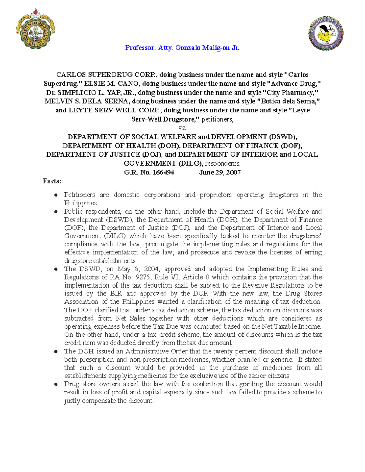 7. Carlos Superdrug Corp. vs. DSWD, et al. G.R. No. 166494 Case Study ...