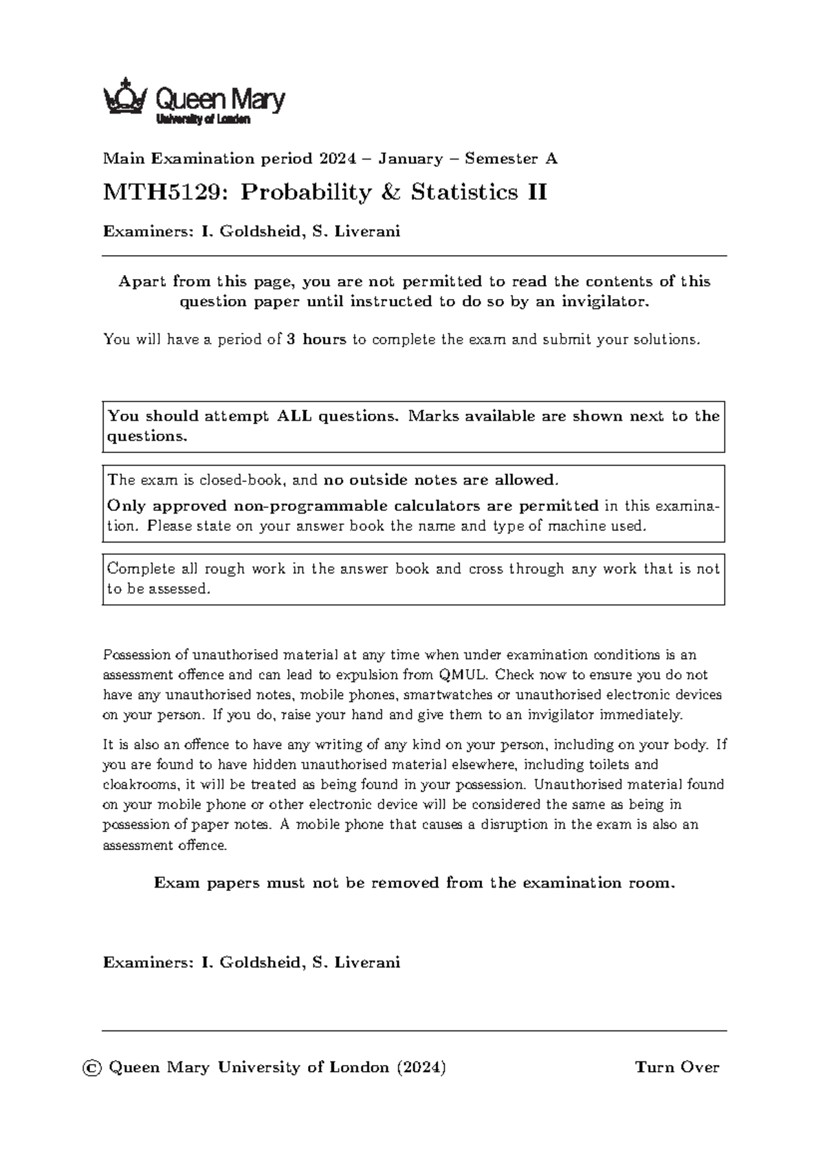 MTH5129: Probability & Statistics II Final Exam Paper - January 2024 ...