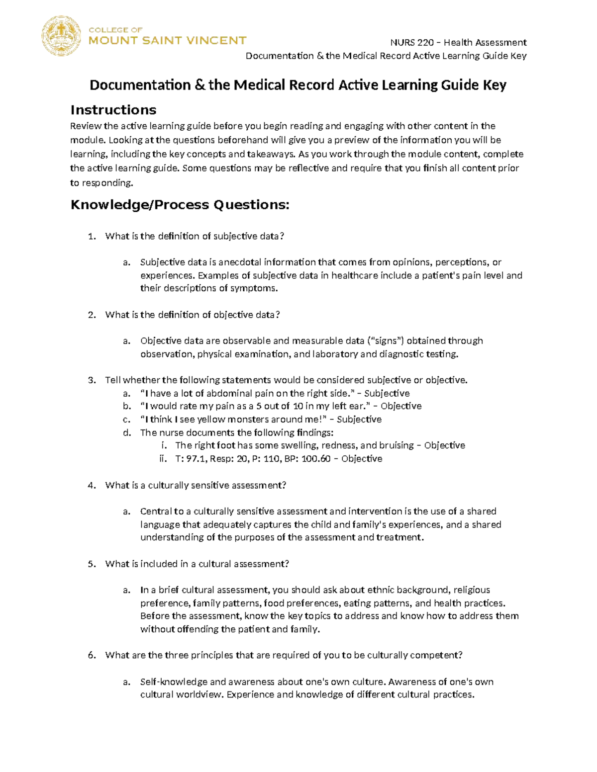 NURS 220 Health Assessment Documentation: Active Learning Guide Key ...