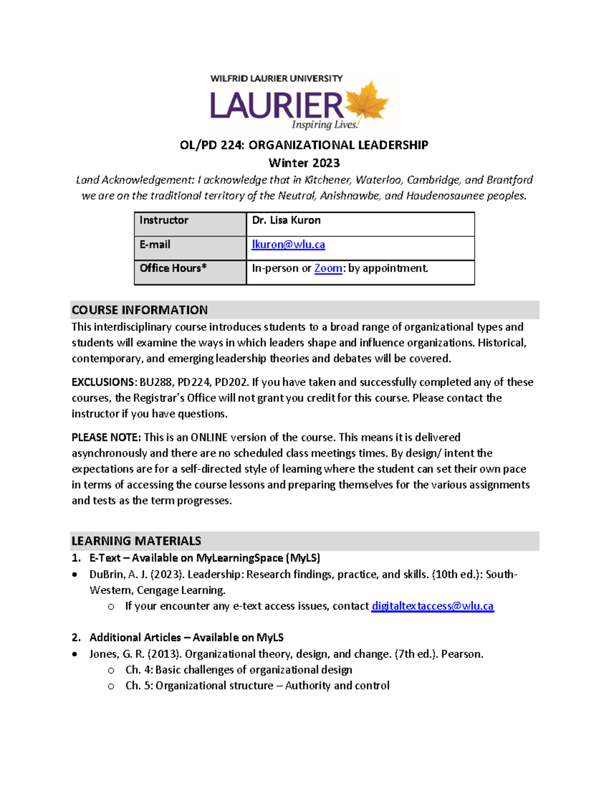 OLPD 224 OC W23: Organizational Leadership Course Outline - Studocu