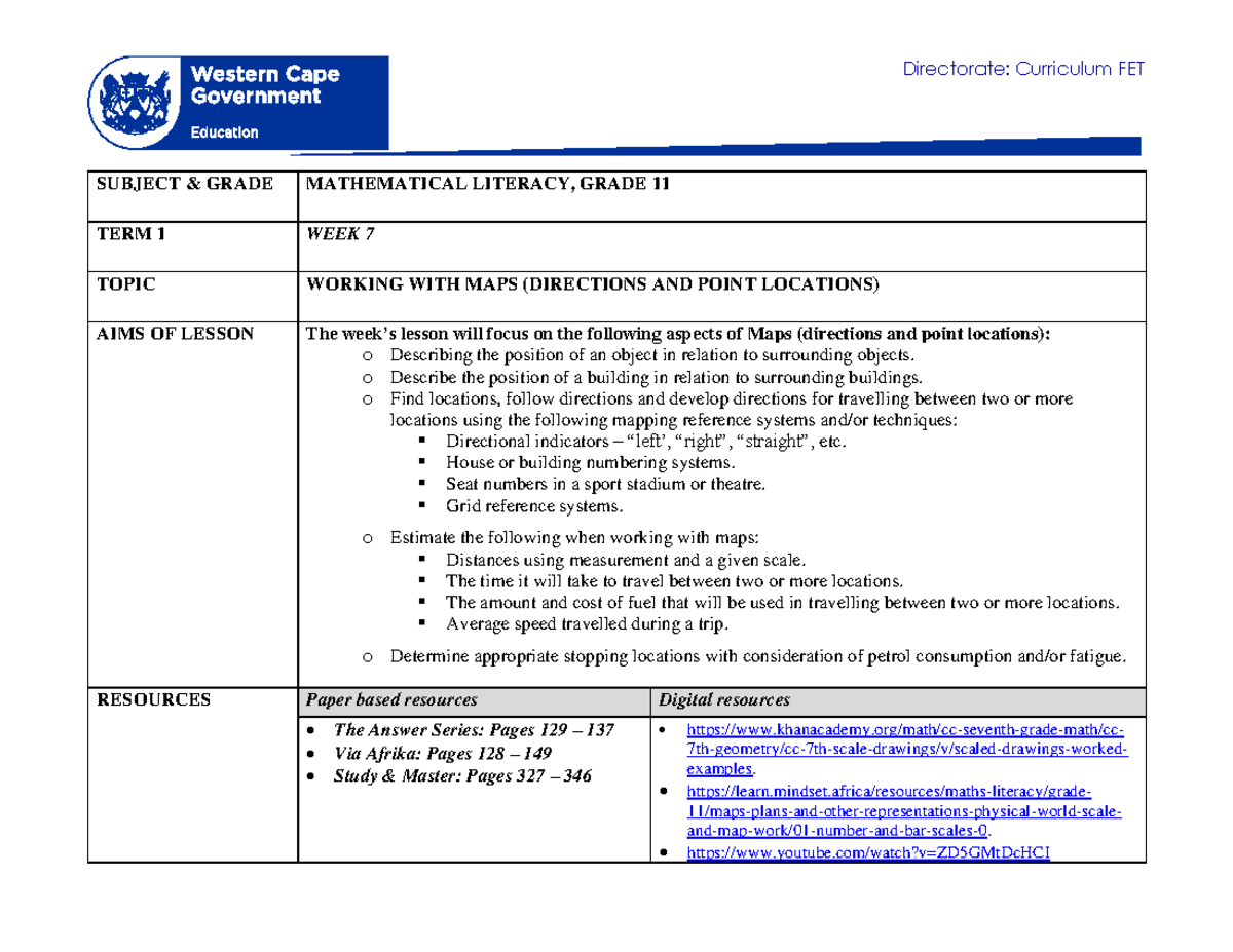 Mathematical Literacy Grade 11 Term 1 Week 7 2021 - Directorate ...