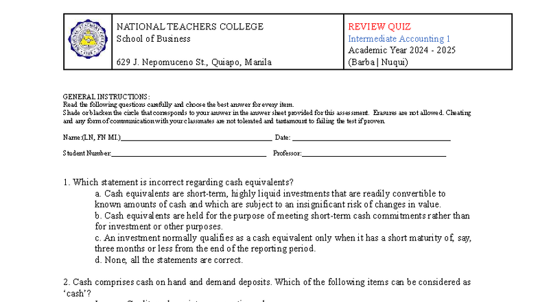 IA1 Review QUIZ 090125 - Intermediate Accounting 1 Notes - Studocu