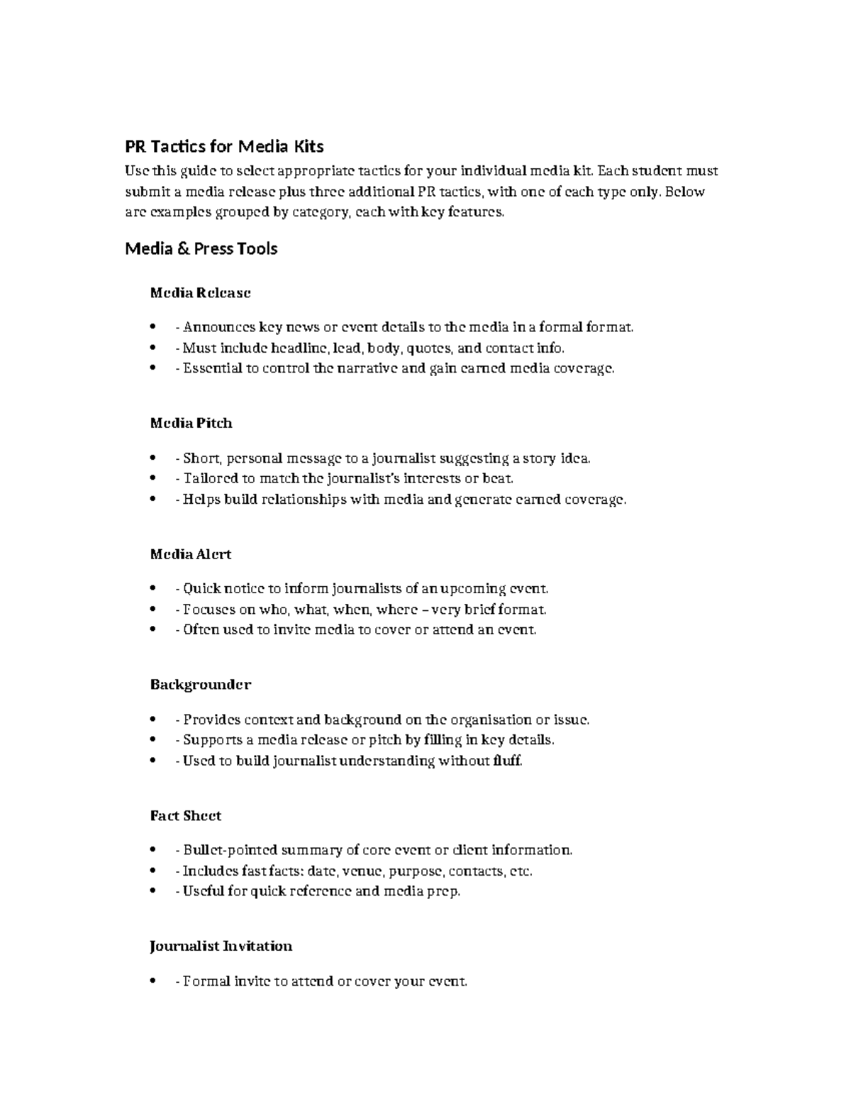 PR Tactics for Media Kits: A Guide for Effective Communication - Studocu
