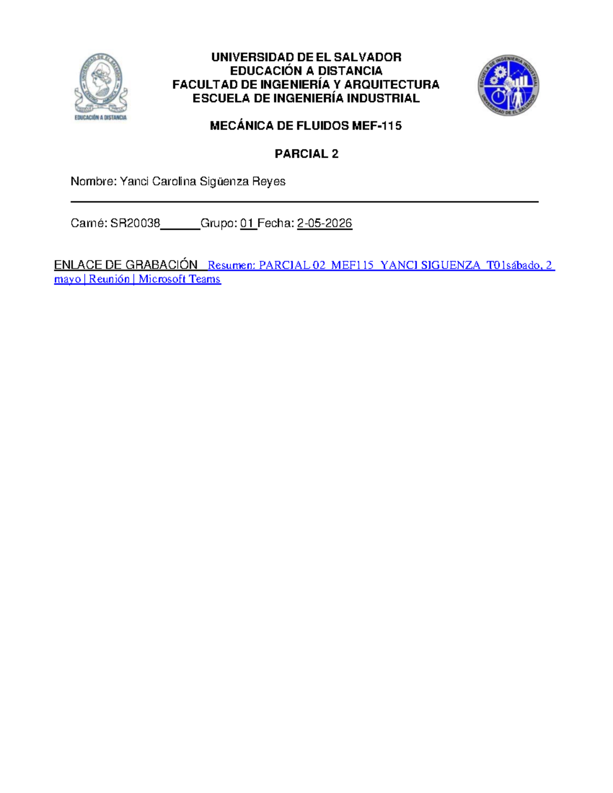 Solución Parcial 2 MEF115 - Mecánica de Fluidos 2026 - Document Preview