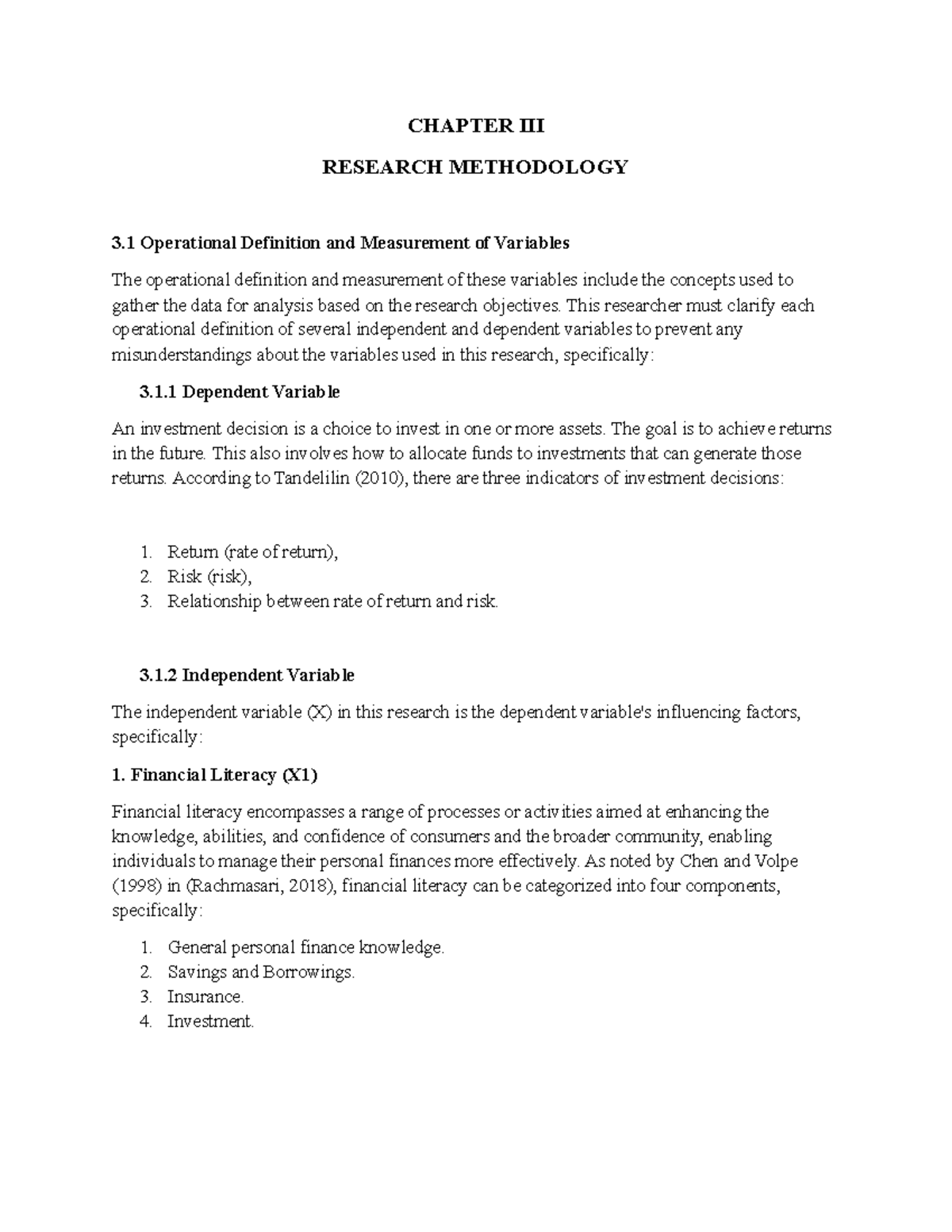 CHAPTER III - RESEARCH METHODOLOGY: Operational Definitions & Variables ...