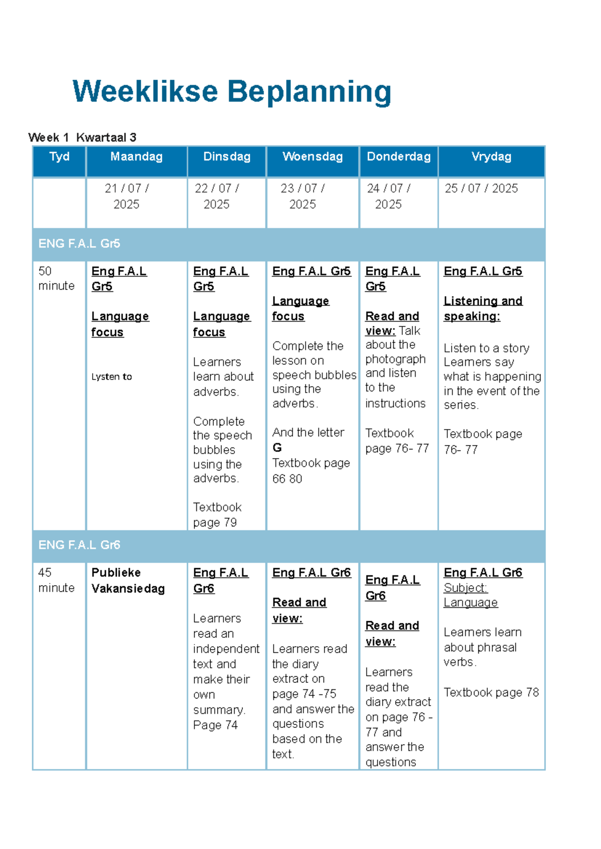 Weeklikse Beplanning: Week 1 & 2 Kwartaal 3 Eng F.A.L Gr5-7 - Studocu