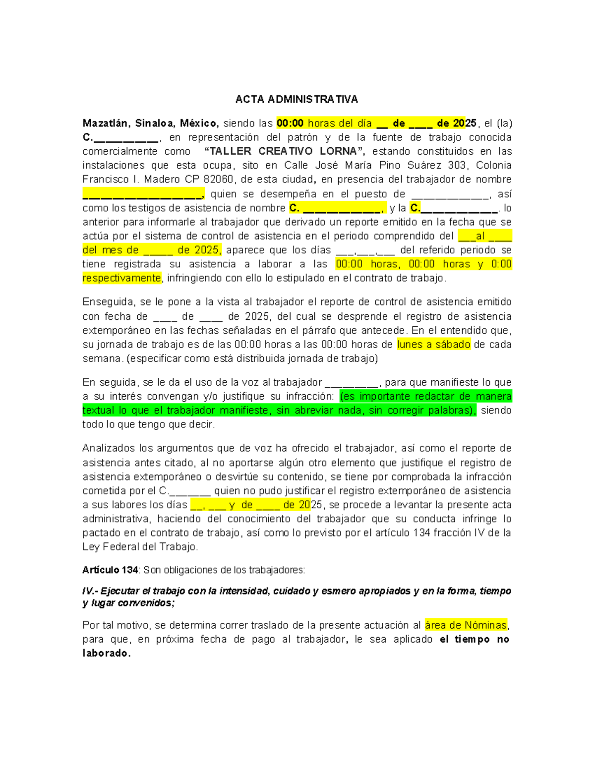 ACTA Administrativa POR Retardos en Asistencia Laboral 2025 - Studocu