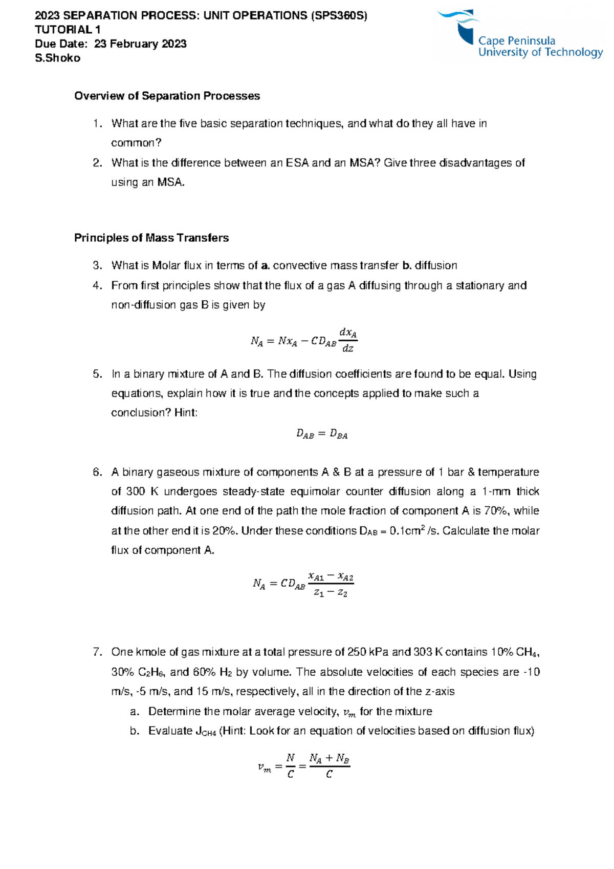 SPS360S: Tutorial 1 - Overview of Separation Processes and Mass ...