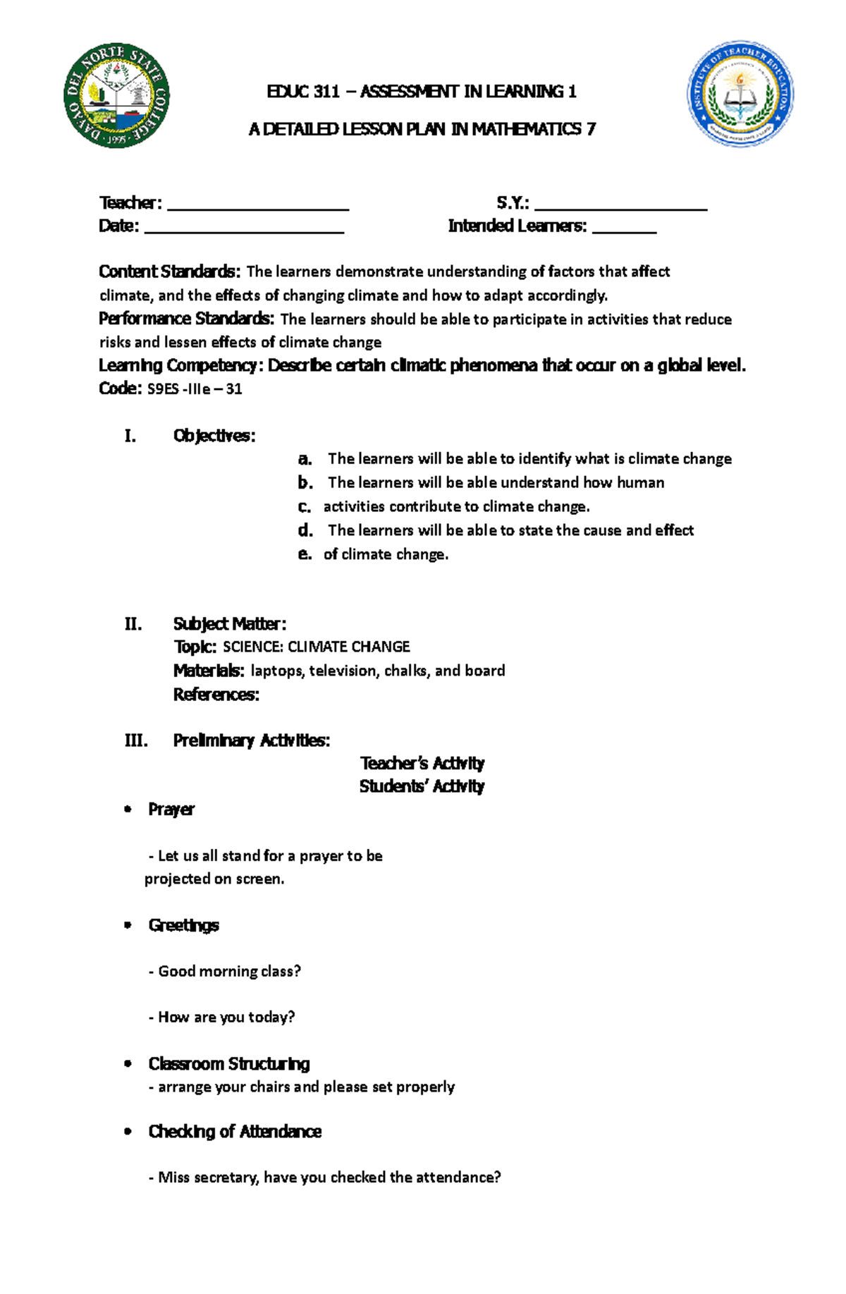 4As - Detailed Lesson Plan on Climate Change - EDUC 311 - Studocu