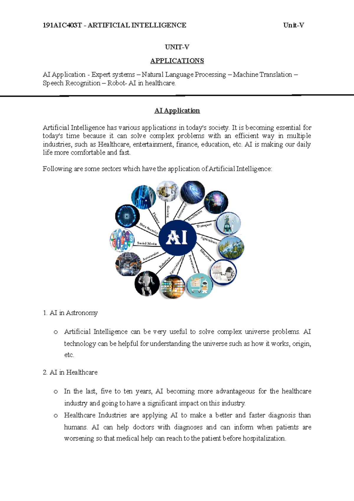 Unit 5 - Lecture Notes on AI Applications and Expert Systems - Studocu