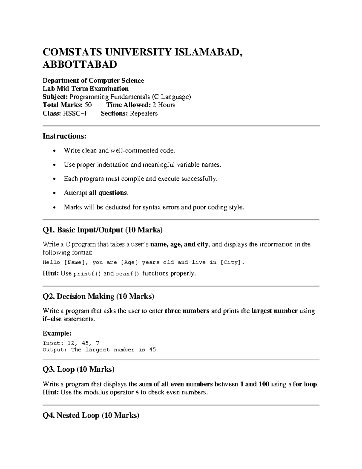 COMSTATS - Programming Fundamentals Lab Midterm Exam (C Language) - Studocu