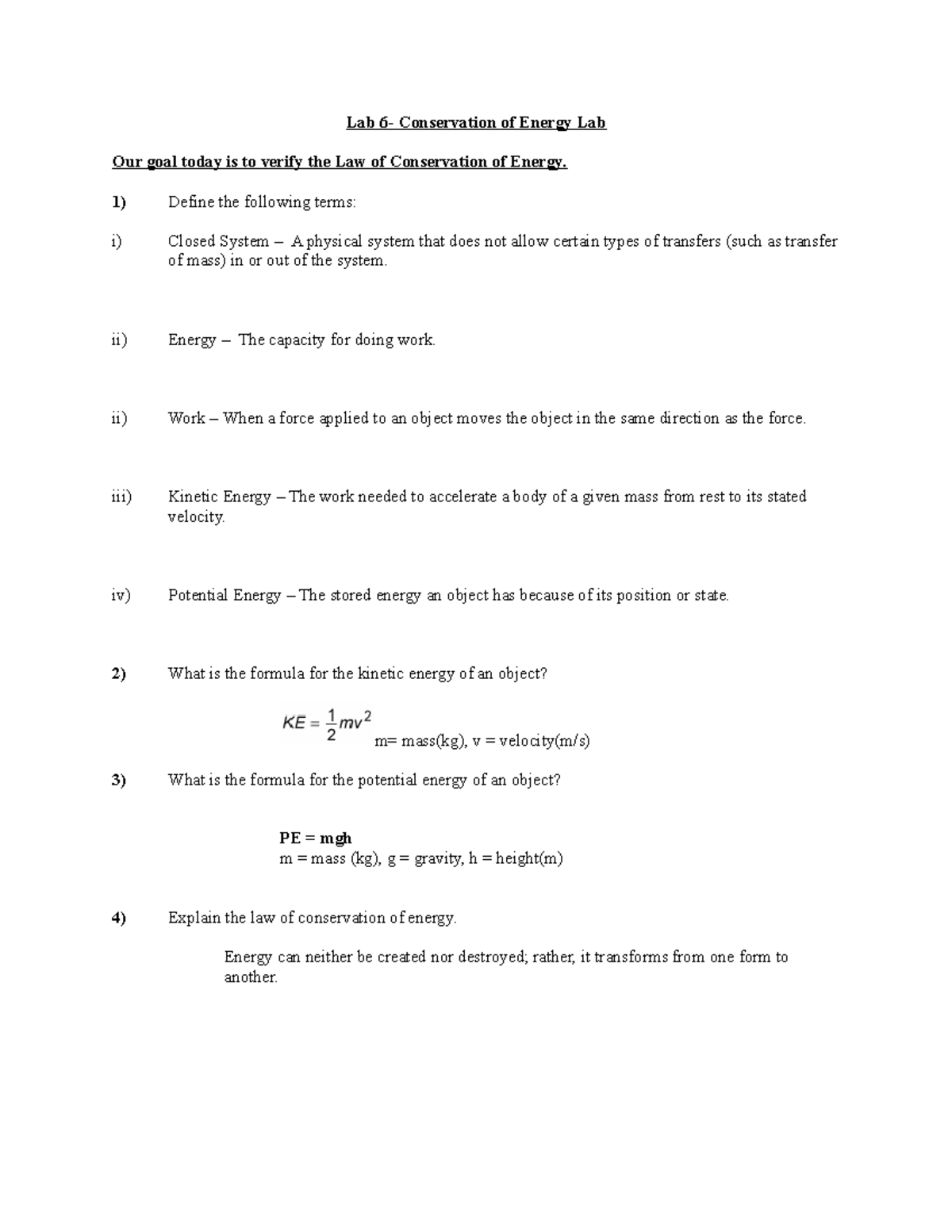 PHY110A Online Lab 6: Exploring the Law of Conservation of Energy - Studocu