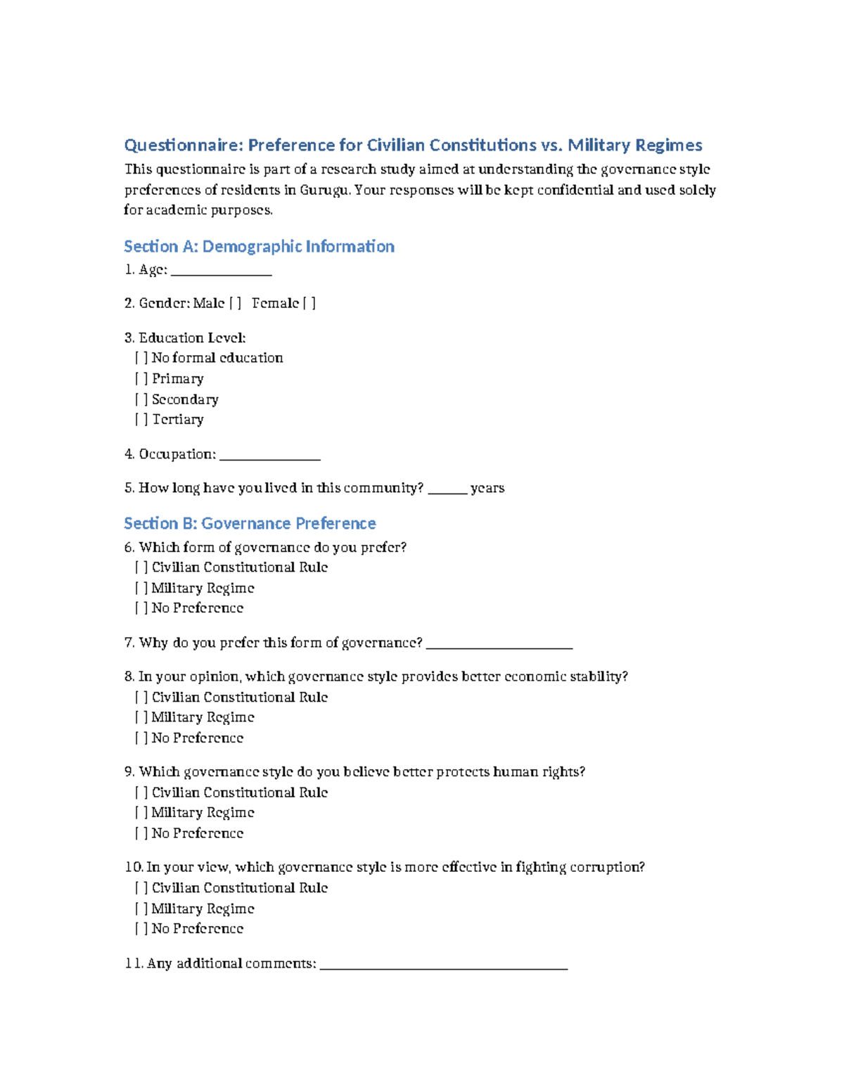 Governance Preference Questionnaire: Civilian vs. Military Regimes ...