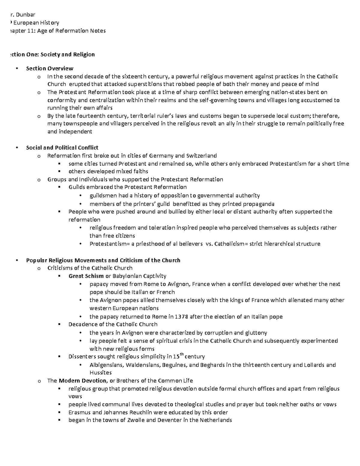 Chapter 11-age of reformation outline - Mr. Dunbar AP European History ...