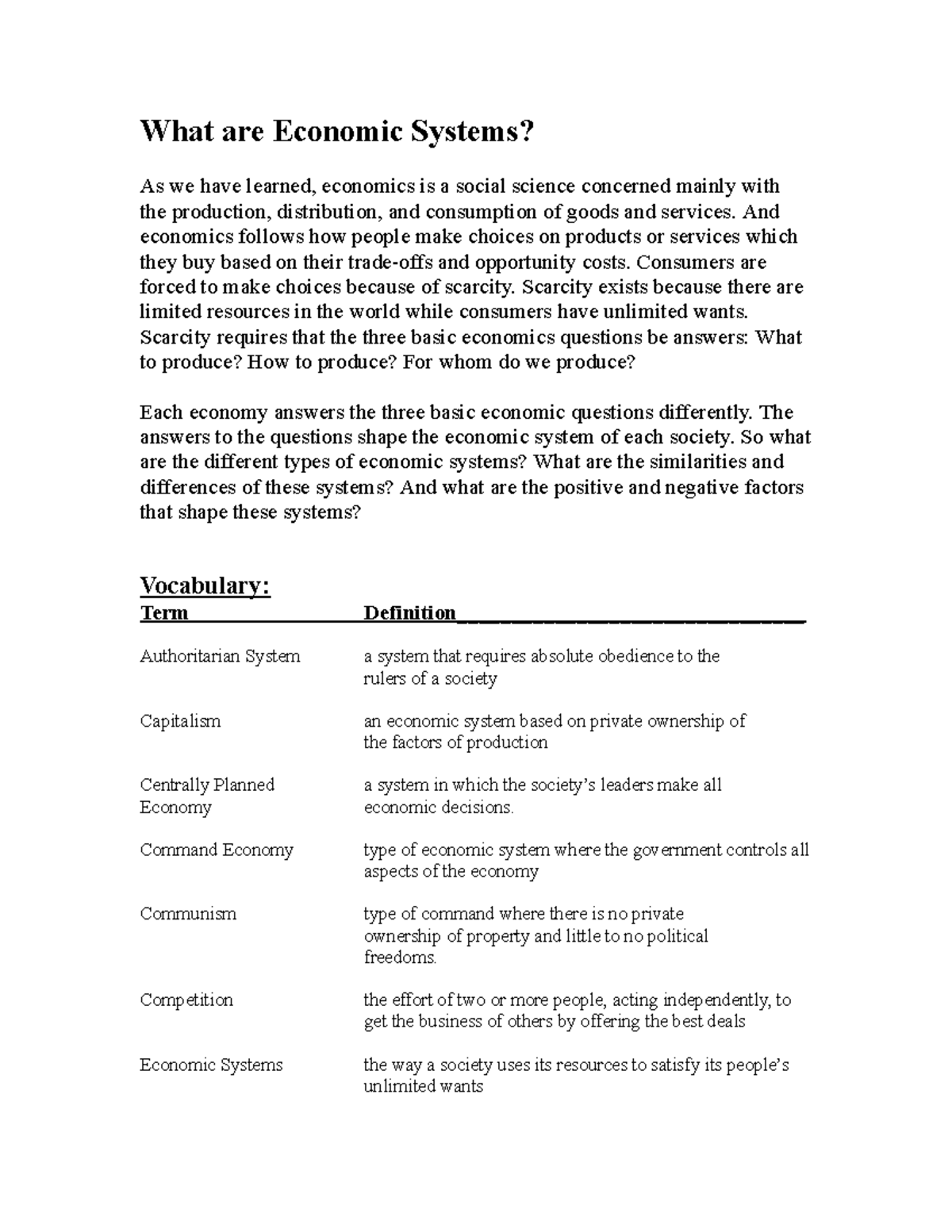 Economic Systems Overview: Types and Characteristics - Studocu