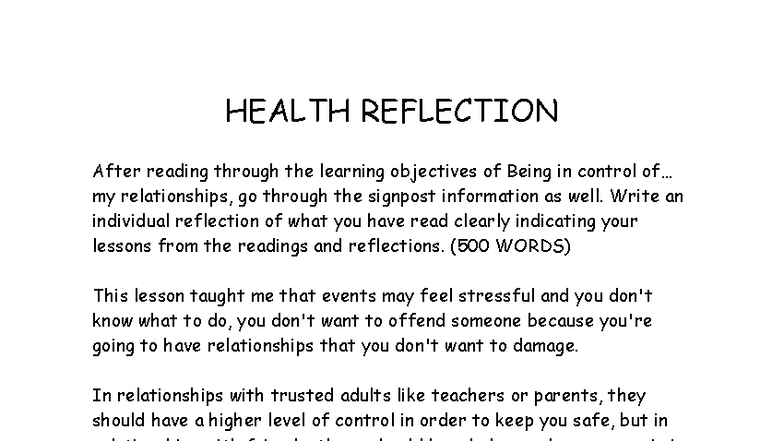 Health Reflection Activity 2 - HEALTH REFLECTION After reading through ...