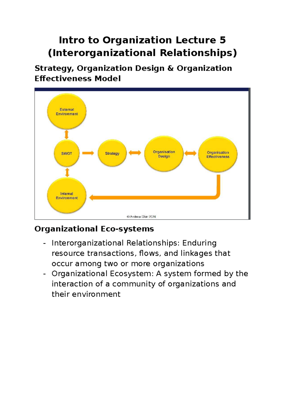 Intro to Organization Lecture 5: Interorganizational Relationships and ...