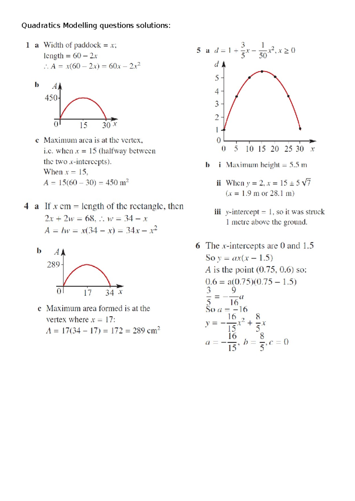 Quadratics Modeling: Problem Solutions and Area Calculations - Studocu