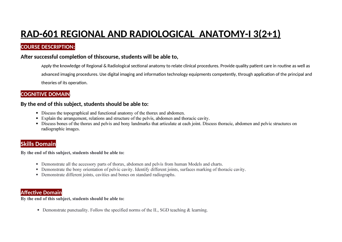RAD-601 Lecture Notes: Regional and Radiological Anatomy-I - Studocu