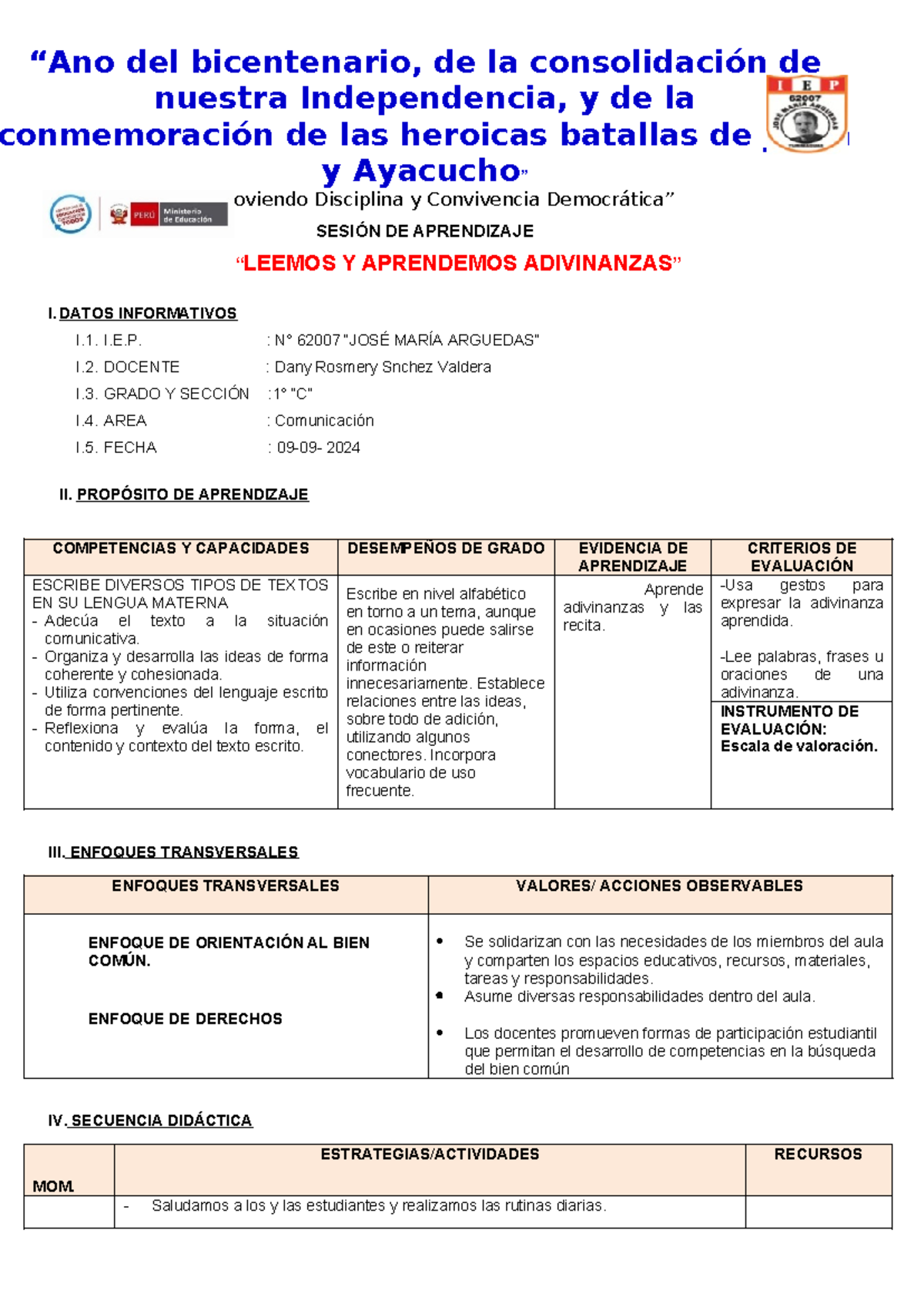 Leemos Adivinanzas - Sesión de Aprendizaje en Comunicación 1° "C" - Studocu