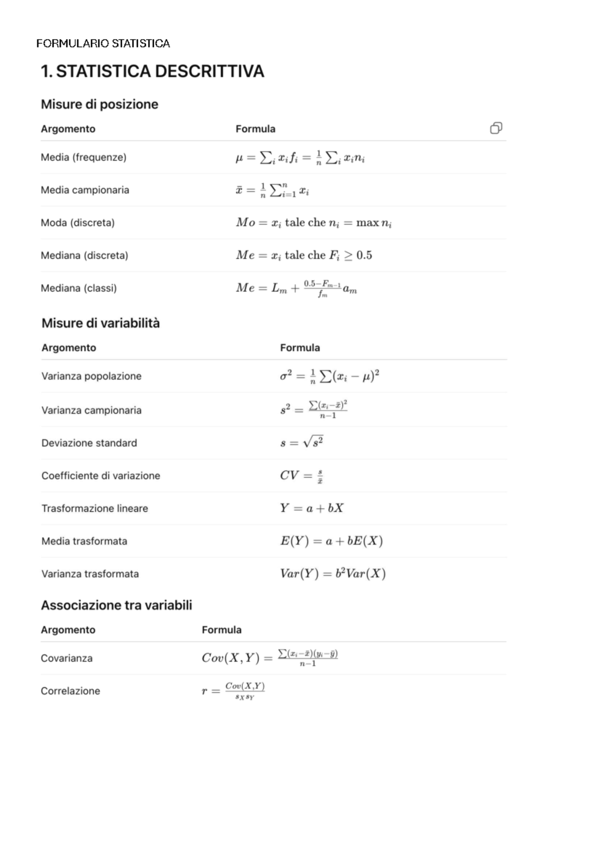 Formulario Statistica 1: Misure e Probabilità per Esami - Studocu