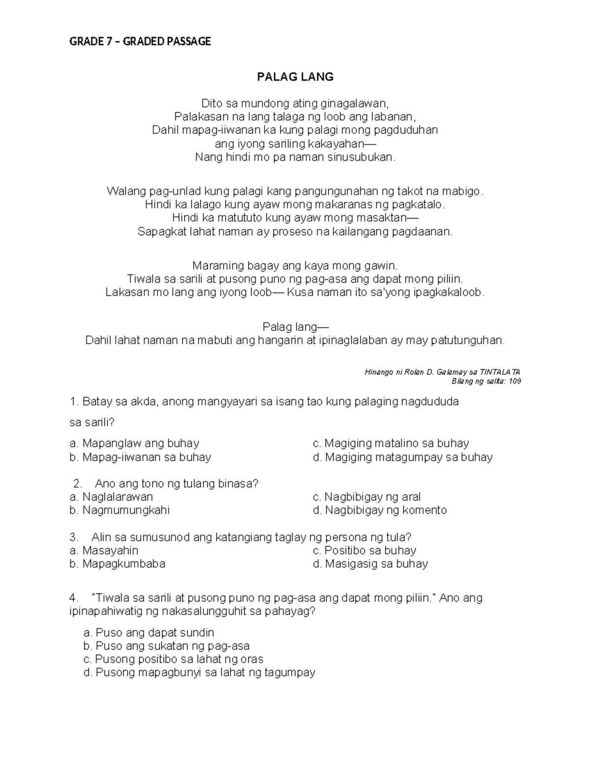GRADE 7 - PALAG LANG - READING MATERIAL FOR STUDENT ASSESSMENT - Studocu