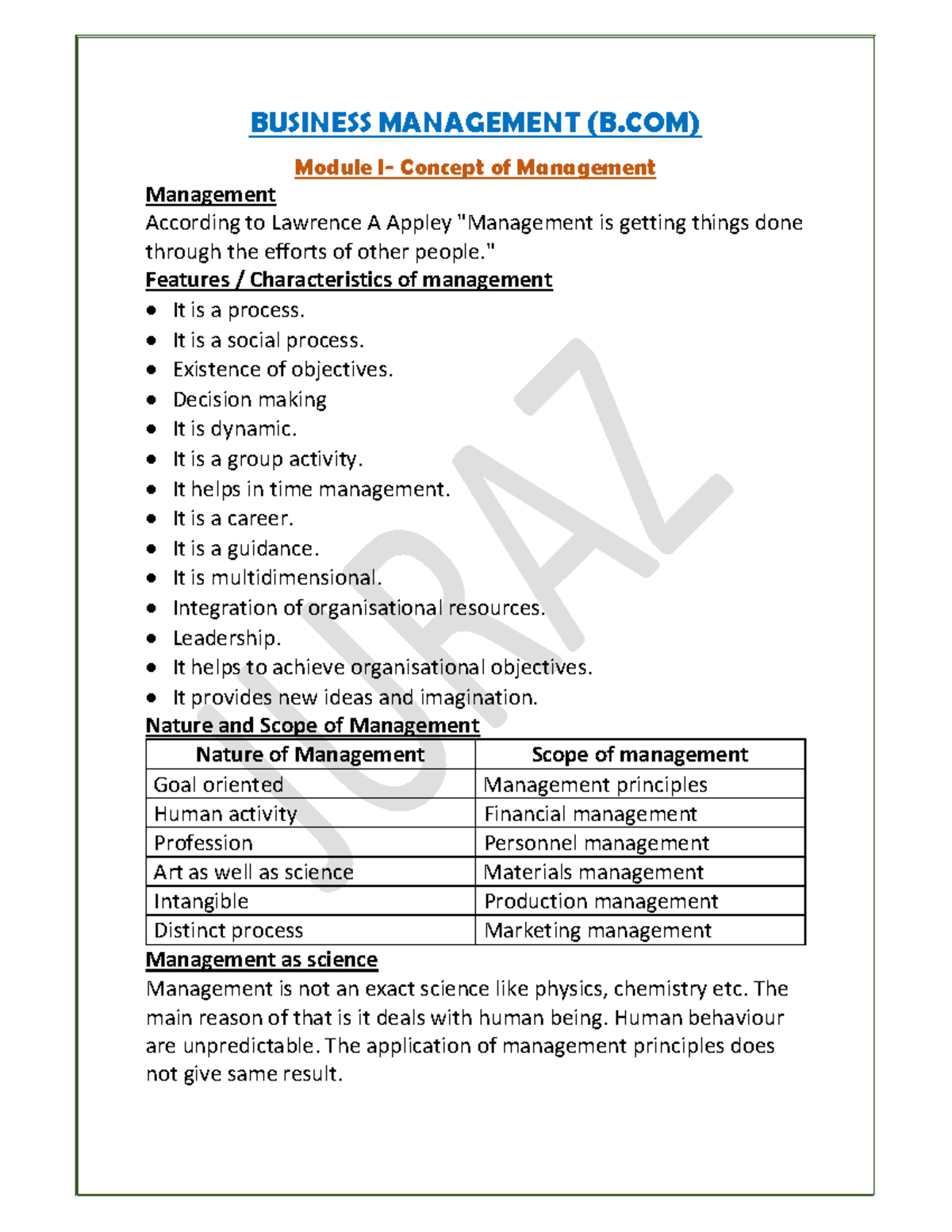 BUSINESS MANAGEMENT (B.COM) Final Exam Notes on Management Concepts ...
