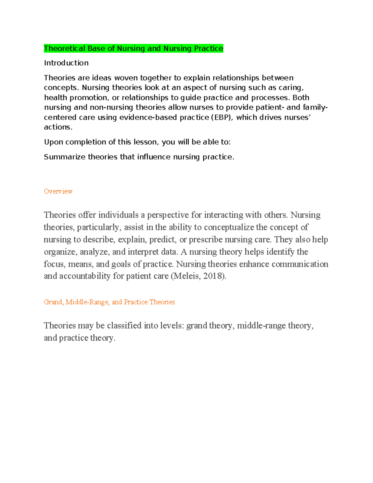 NUR 101: Theoretical Foundations of Nursing Practice and Care - Studocu