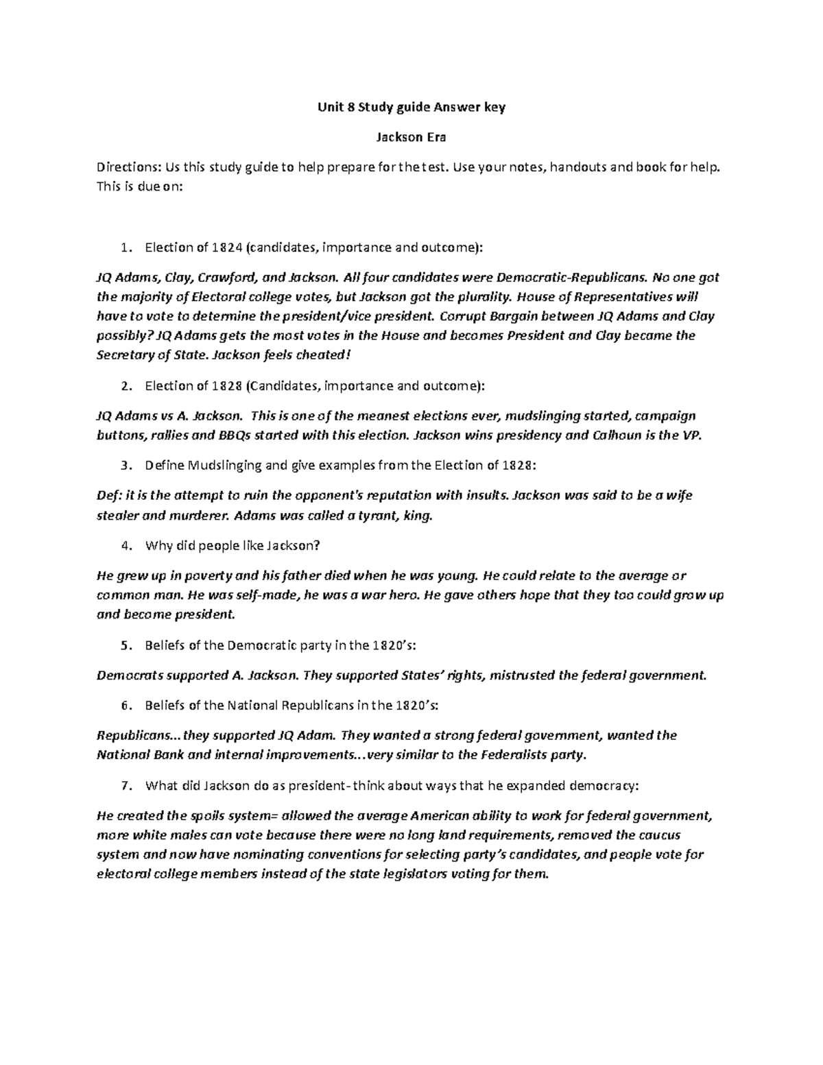 Unit 8 Study Guide Answer Key: Jackson Era Insights - Studocu