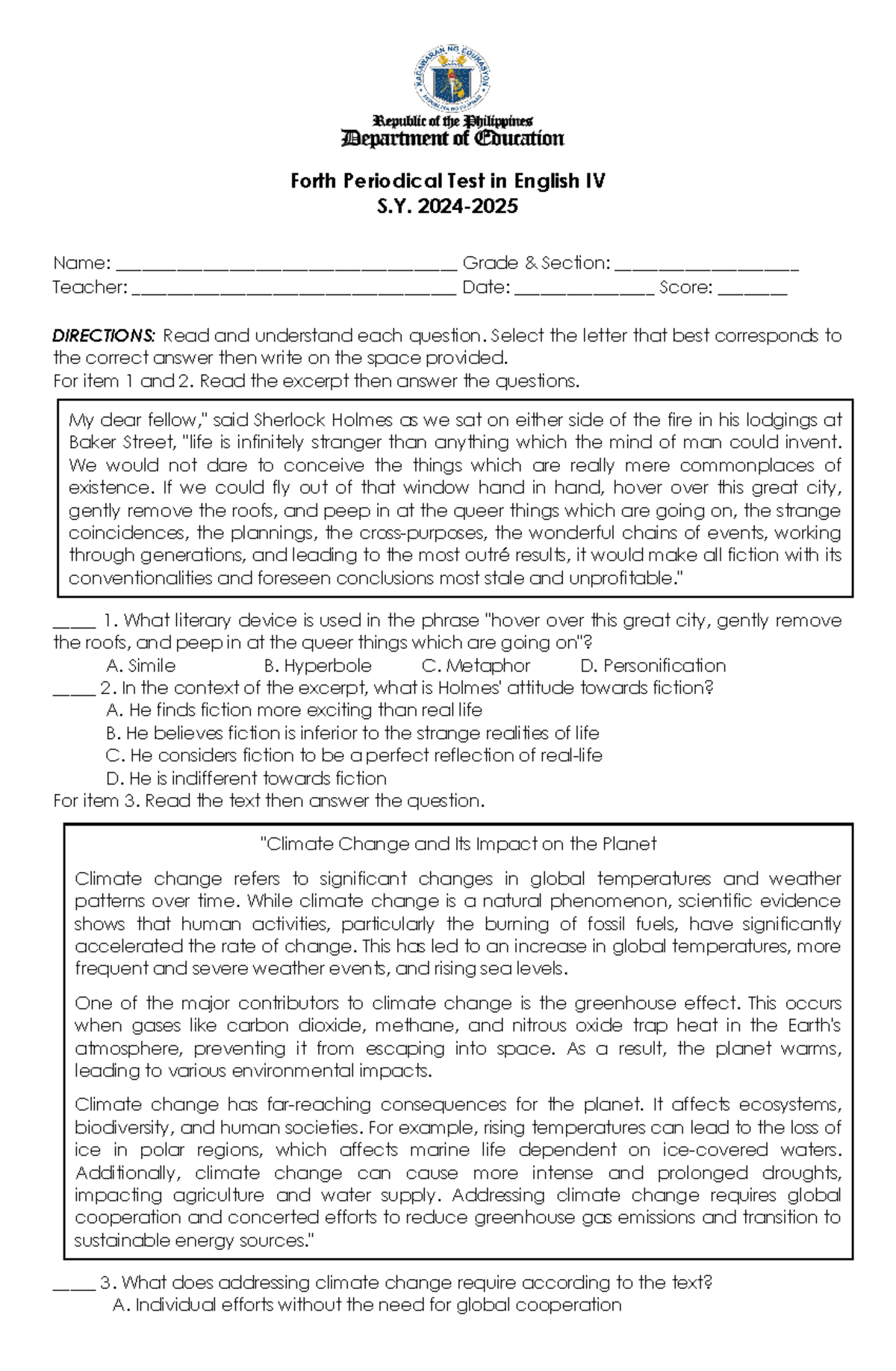 Fourth Periodical Test in English IV S.Y. 2024-2025 - Studocu