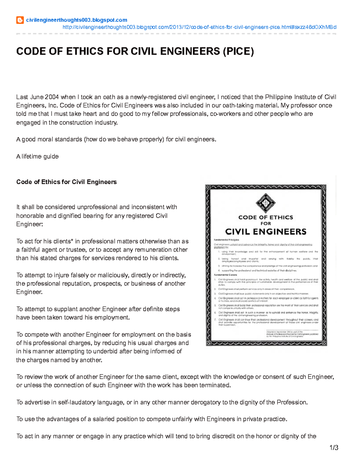 PICE 310154676 Code of Ethics for Civil Engineers Overview - Studocu