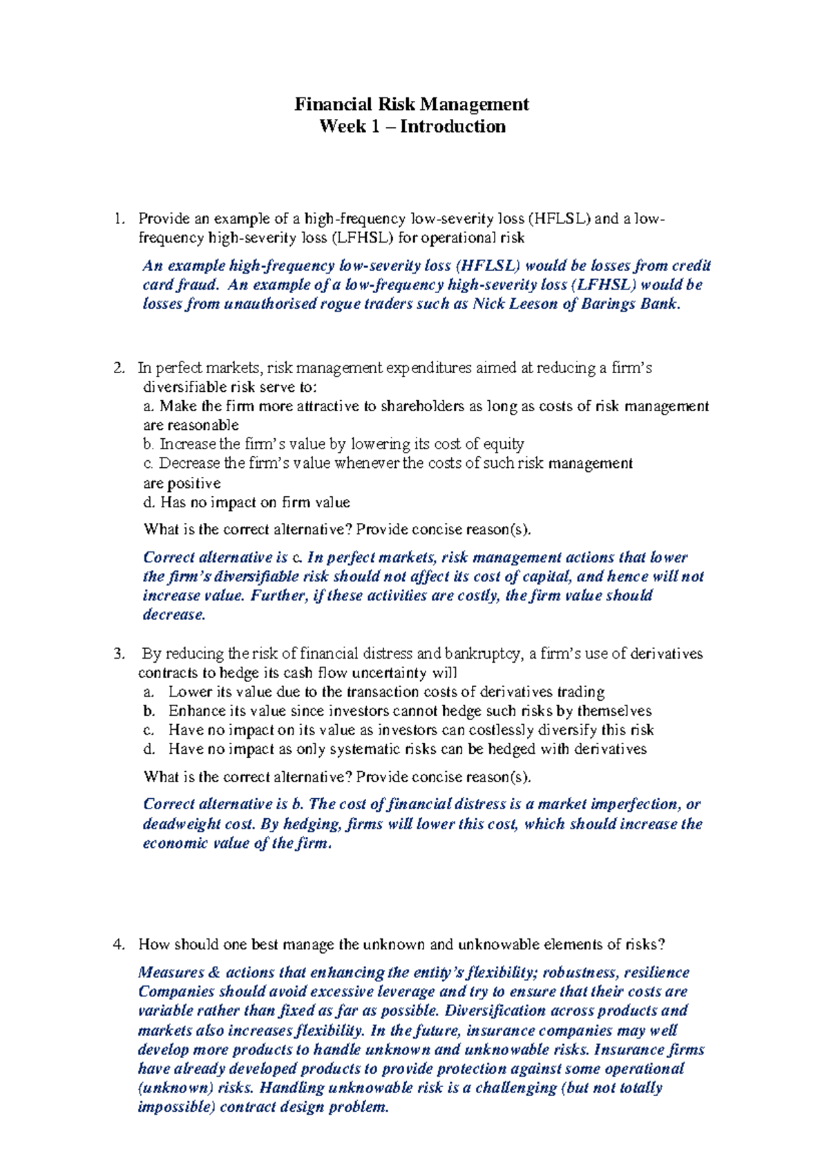 Week 1 Tutorial. Solutions - Financial Risk Management Week 1 ...