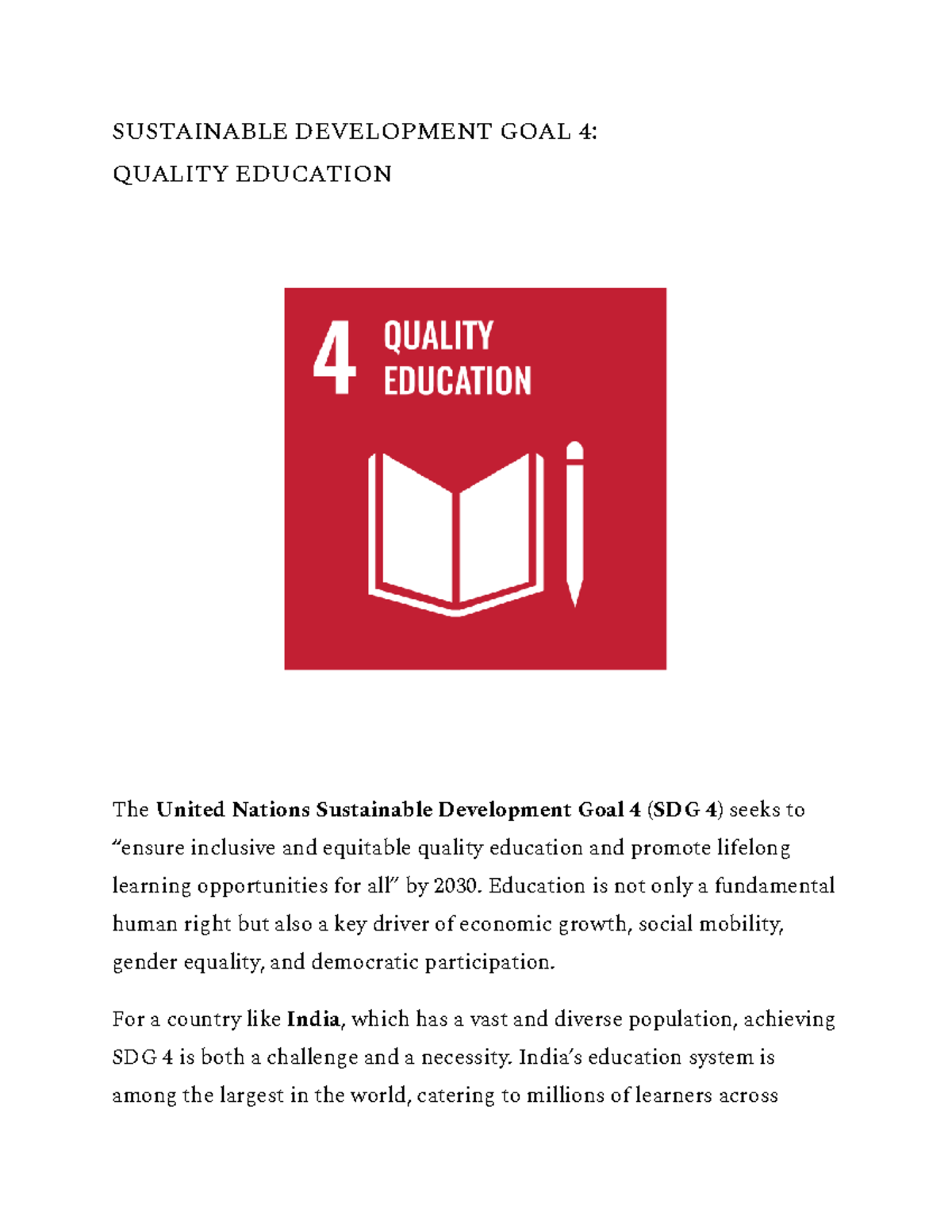 SUSTAINABLE DEVELOPMENT GOAL 4: QUALITY EDUCATION IN INDIA - Studocu