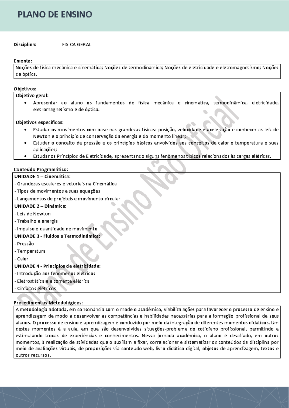 FISICA GERAL - PLANO DE ENSINO - 1712231570777 - Studocu
