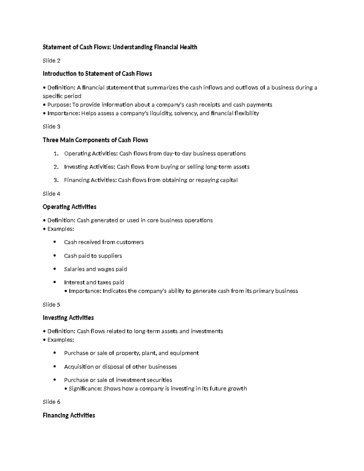 Statement of Cash Flows: Analyzing Financial Health and Methods - Studocu