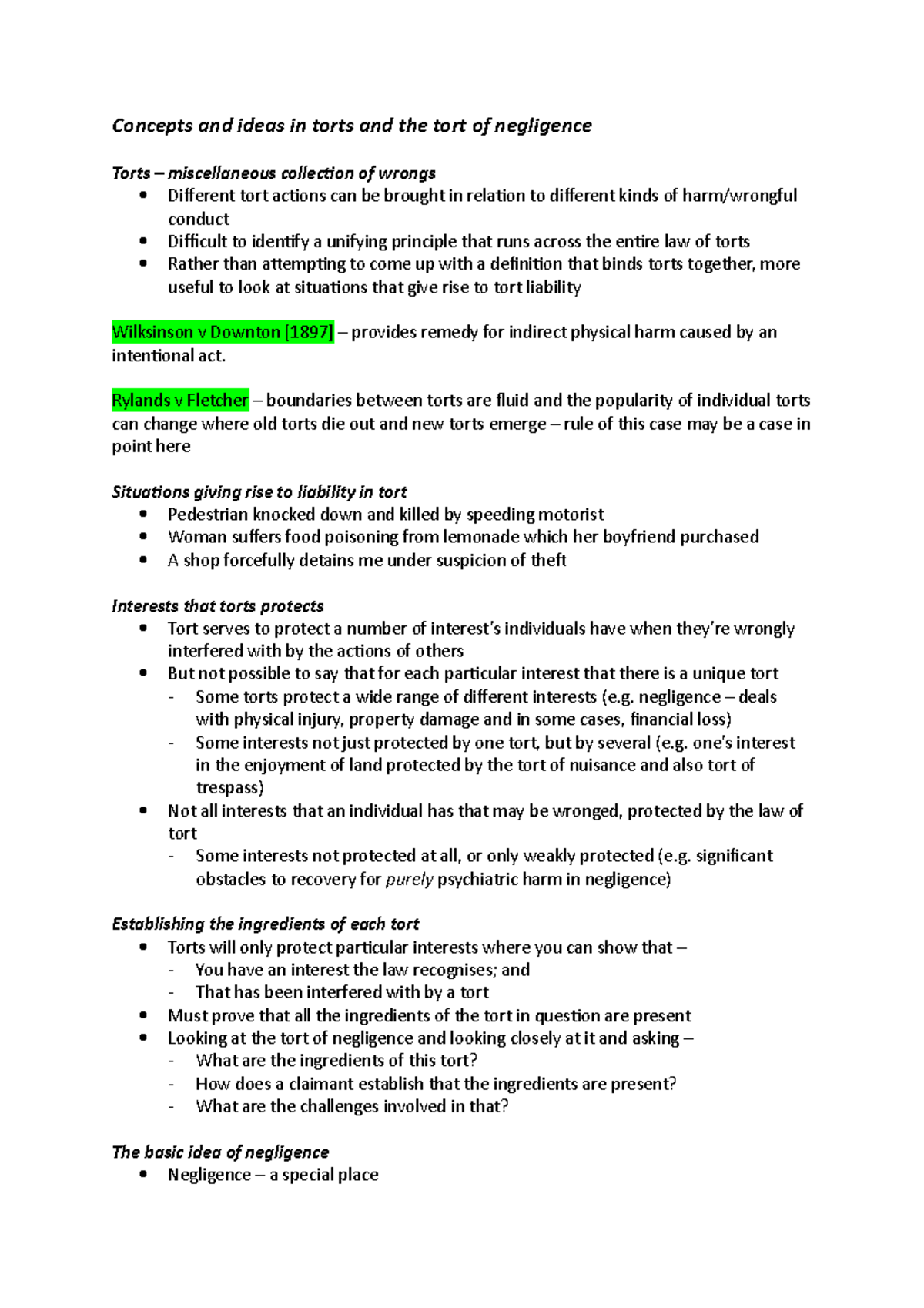 Torts and Negligence: Key Concepts and Case Studies (Law 101) - Studocu
