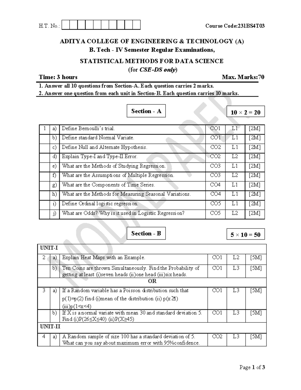 Statistical Methods for Data Science - B.Tech IV Sem Exam 231BS4T03 ...