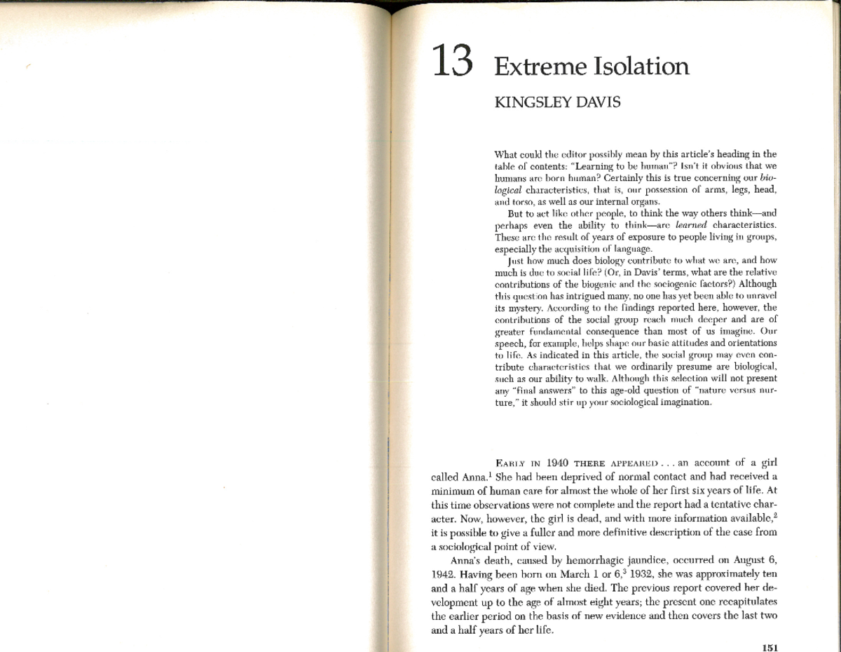 KINGSLEY DAVIS: Extreme Isolation and Its Impact on Human Development ...