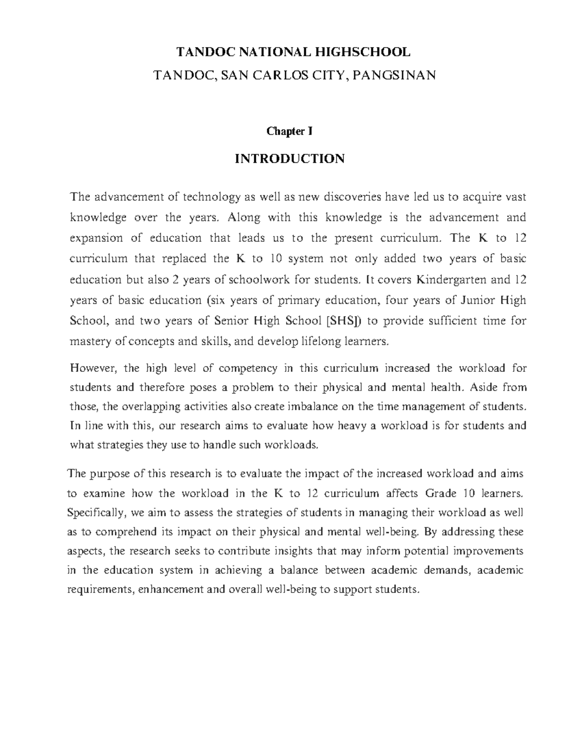 Evaluating Workload Management Strategies Among Grade 10 Students in K ...