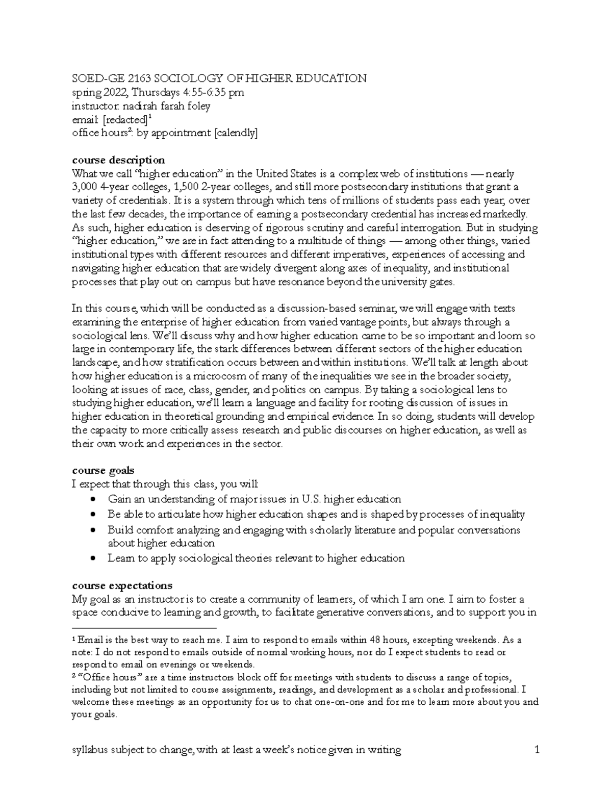 SOED-GE 2163 Sociology of Higher Education Syllabus Spring 2022 - Studocu