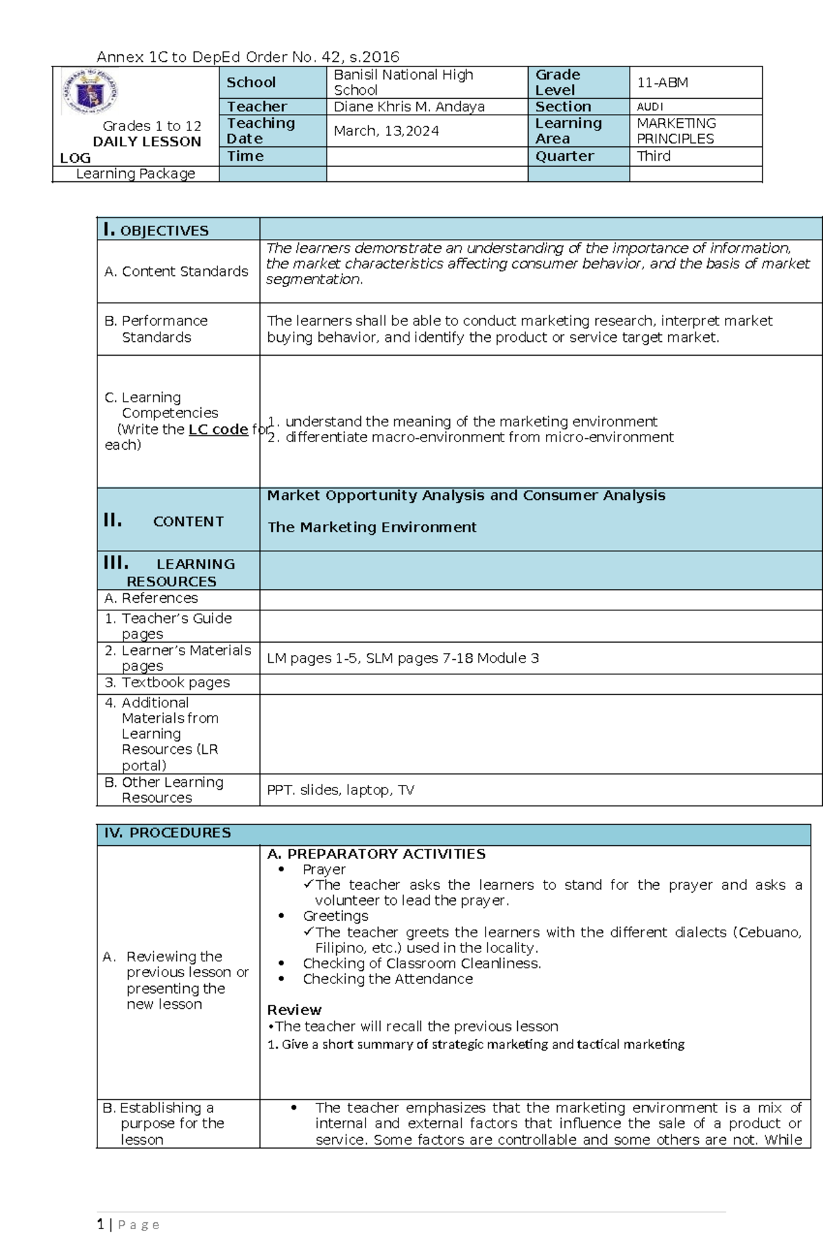 Lesson Plan: Marketing Principles for Grade 11-ABM (Diane-LP-POM) - Studocu