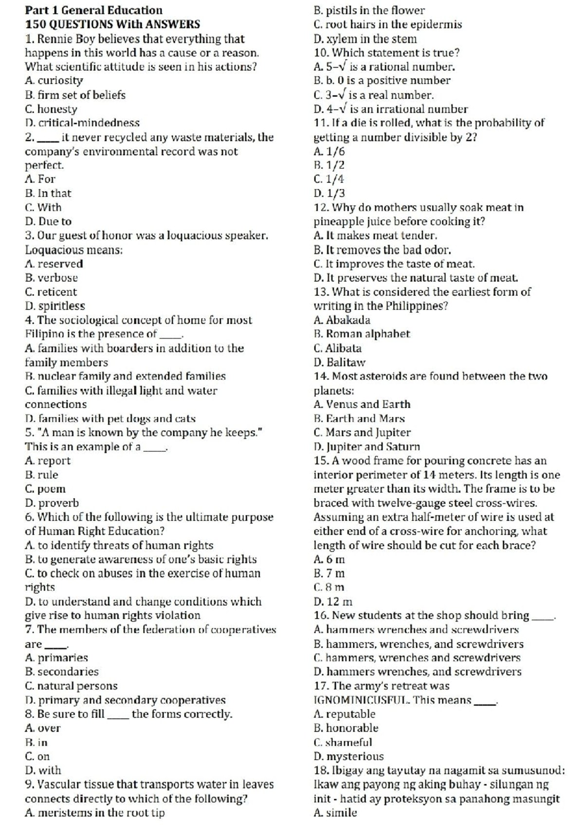 Gen Ed Questions Compilation: 150 Q&A for Review - Studocu
