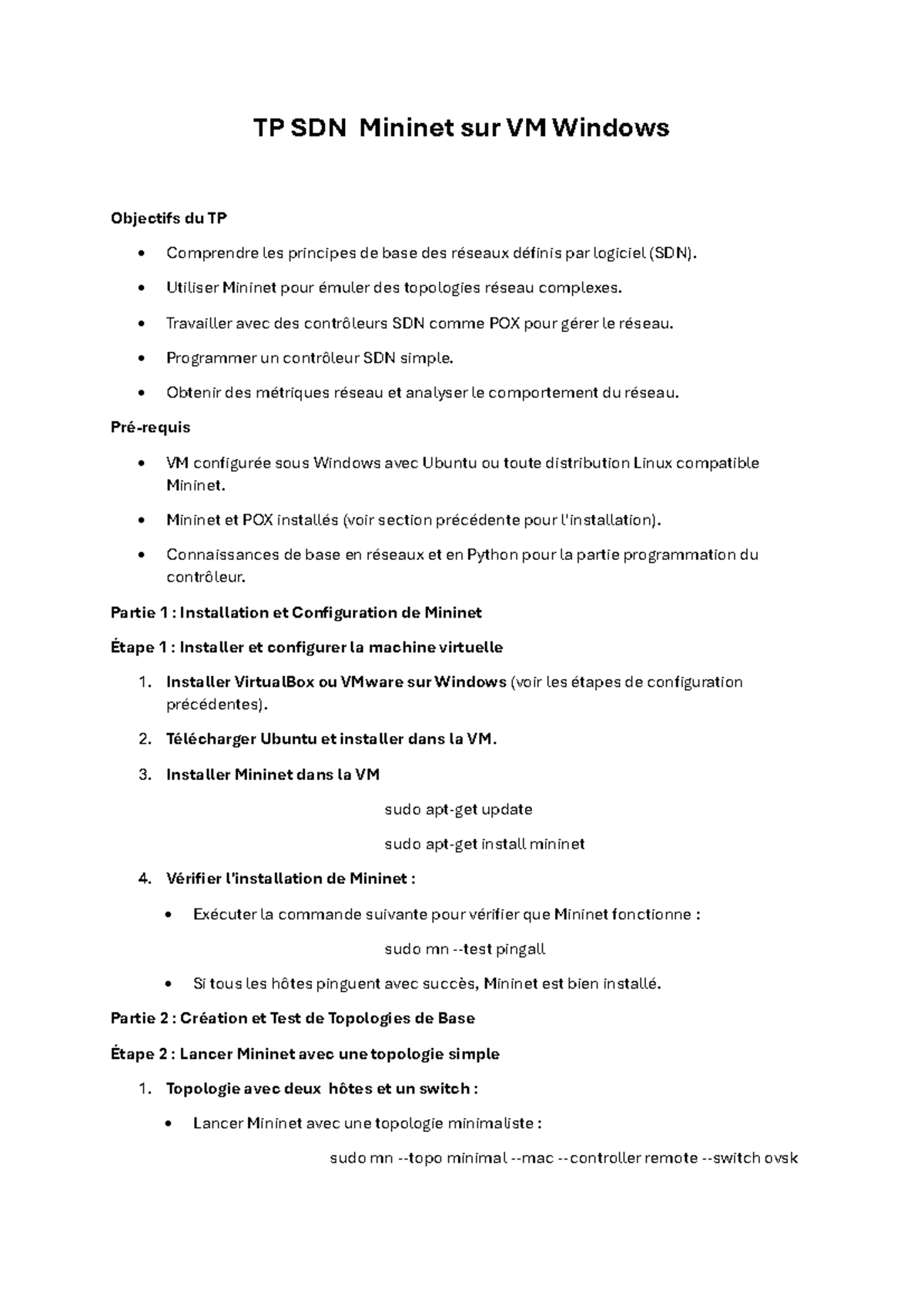 TP SDN Mininet - Guide d'installation et d'utilisation sur VM Windows ...