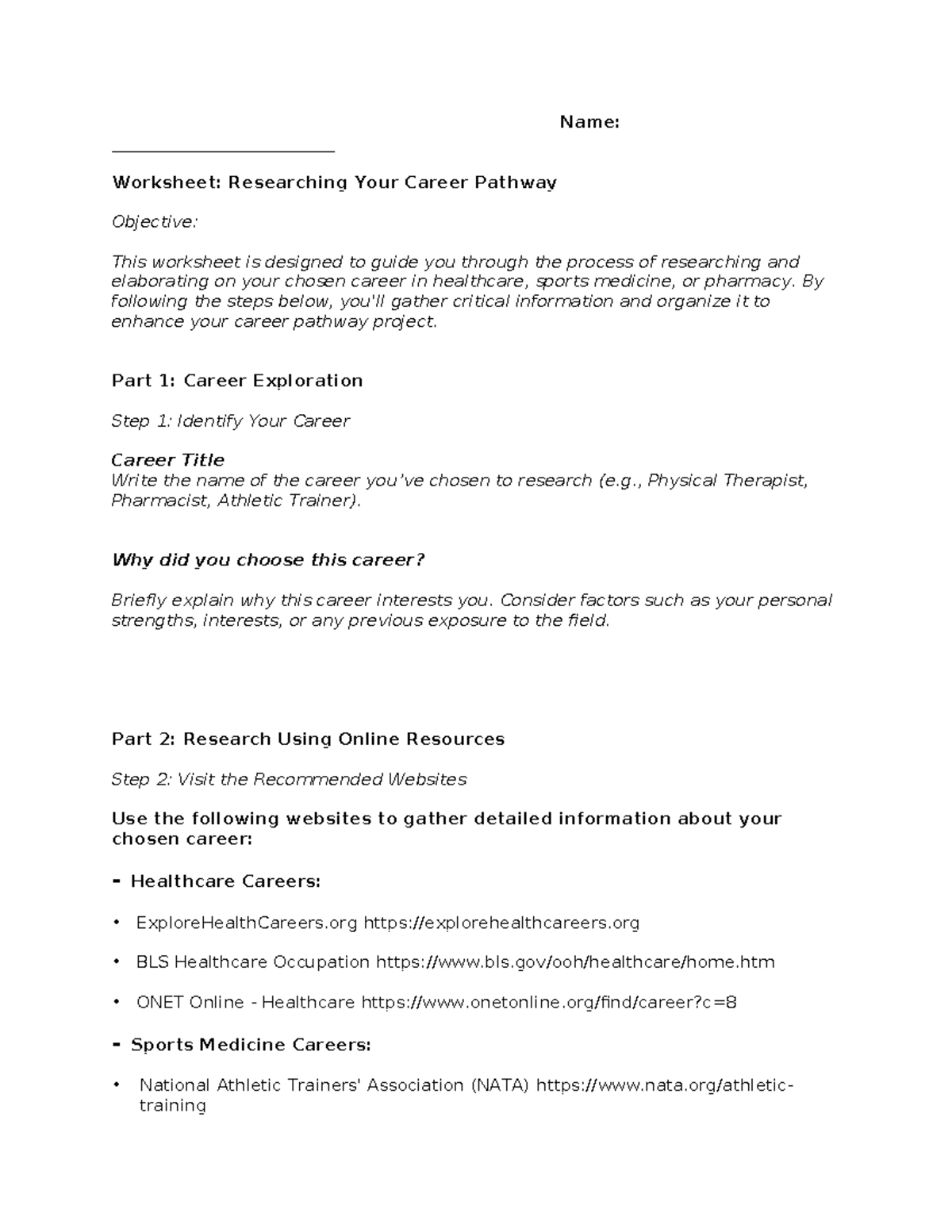 Career Pathway Worksheet for Healthcare, Sports Medicine, & Pharmacy ...