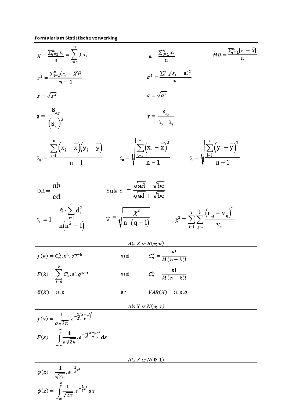 Formularium Statistiek - 𝑝. 𝑞 𝑘 𝐹(𝑘) = ∑ 𝐶𝑛𝑖 . 𝑝𝑖 . 𝑞 𝑛−𝑖 𝑖=0 𝐸(𝑋) = 𝑛 ...