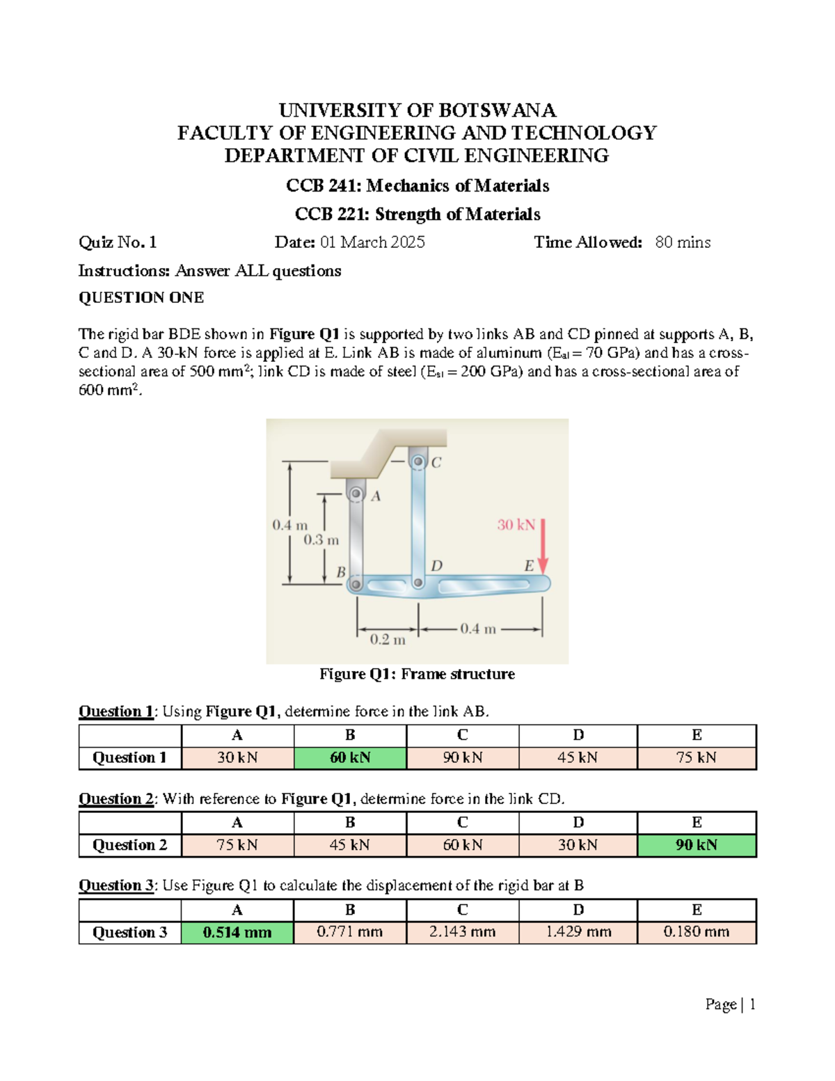 Quiz 1 Solutions for CCB 241 & CCB 221: Mechanics of Materials - Studocu